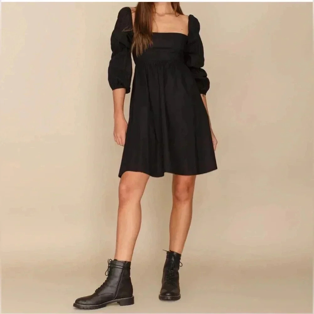 EXLURA Women's Medium Square Neck Dress Long Puff Sleeve Casual Short Mini Dress